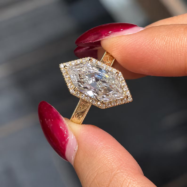 2.0CT to 3.0CT Dutch Marquise Cut Lab Grown Diamond Vintage Milgrain Halo Engraved Engagement Ring