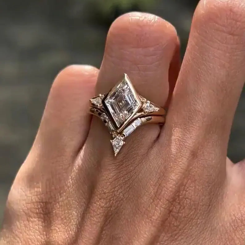 2.50CT Lozenge Cut Lab Grown Diamond Bezel Set Three Stone Bridal Ring Set with Chevron Wedding Band