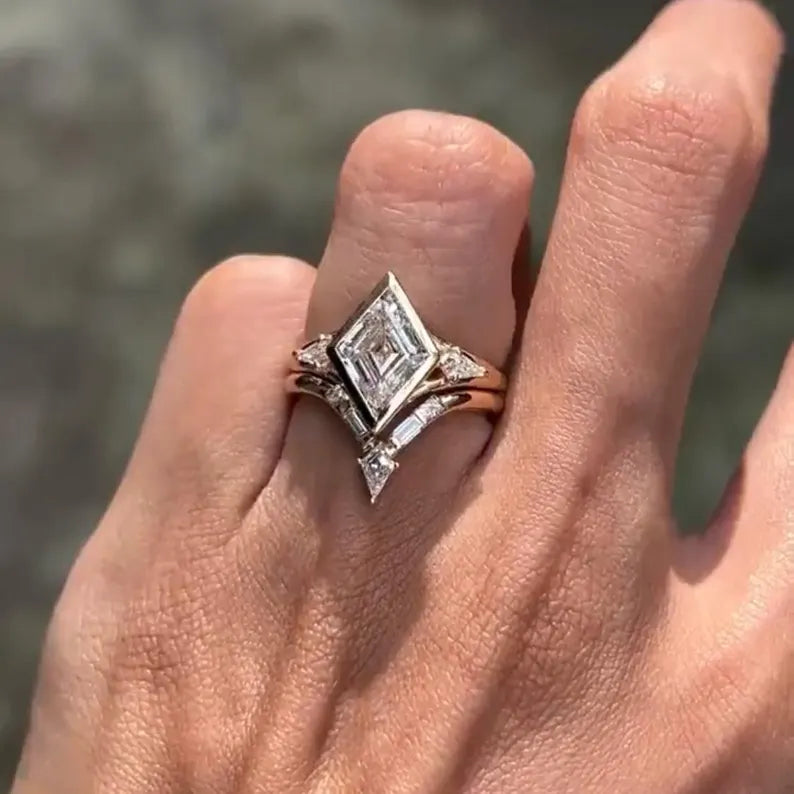 2.50CT Lozenge Cut Lab Grown Diamond Bezel Set Three Stone Bridal Ring Set with Chevron Wedding Band