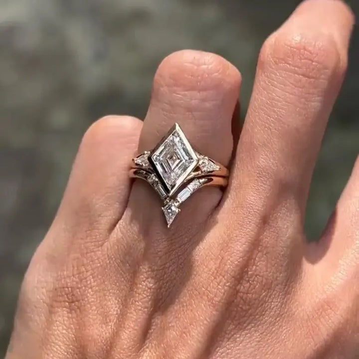 2.50CT Lozenge Cut Lab Grown Diamond Bezel Set Three Stone Bridal Ring Set with Chevron Wedding Band
