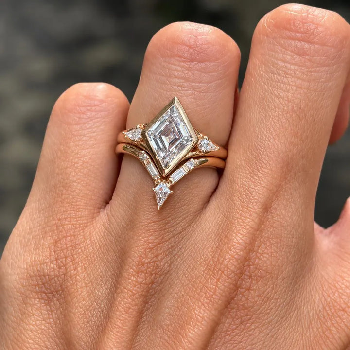 2.50CT Lozenge Cut Lab Grown Diamond Bezel Set Three Stone Bridal Ring Set with Chevron Wedding Band