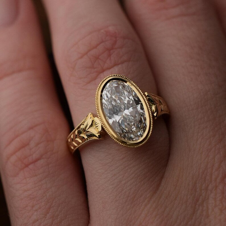 2.0CT to 3.0CT Oval Cut Lab Grown Diamond Vintage Bezel Set Milgrain Leaf Engraved Engagement Ring