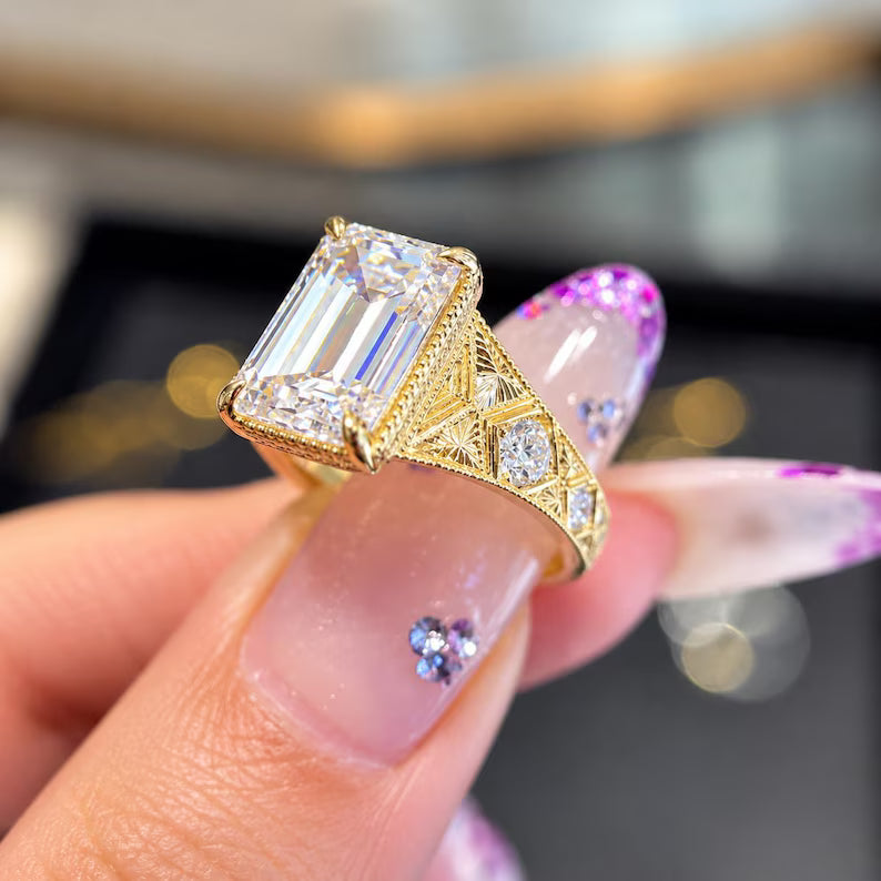 2.0CT to 3.0CT Emerald Cut Lab Grown Diamond Vintage Art Deco Engraved Engagement Ring