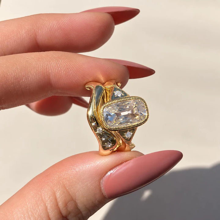 3.0CT Elongated Cushion Old Mine Cut Lab Grown Diamond Vintage Bezel Flush Curved Bridal Ring Set