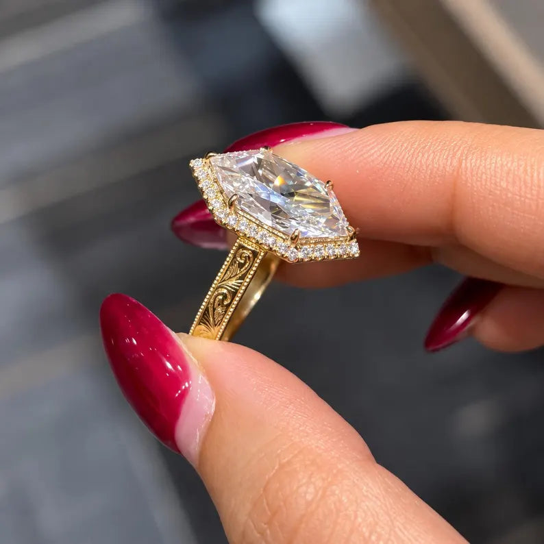 2.0CT to 3.0CT Dutch Marquise Cut Lab Grown Diamond Vintage Milgrain Halo Engraved Engagement Ring