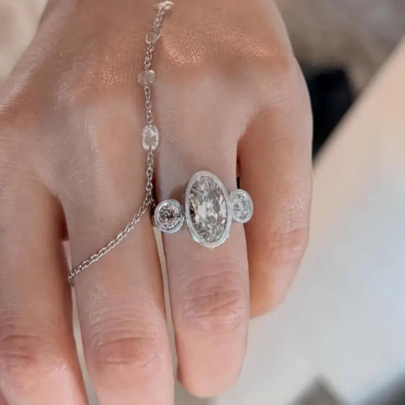 2.0CT to 3.0CT Oval Cut Lab Grown Diamond Vintage Milgrain Bezel Set Three Stone Engagement Ring