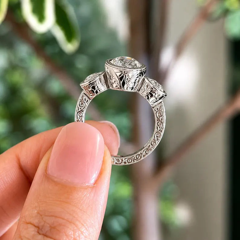 2.0CT to 3.0CT Oval Cut Lab Grown Diamond Vintage Milgrain Bezel Set Three Stone Engagement Ring