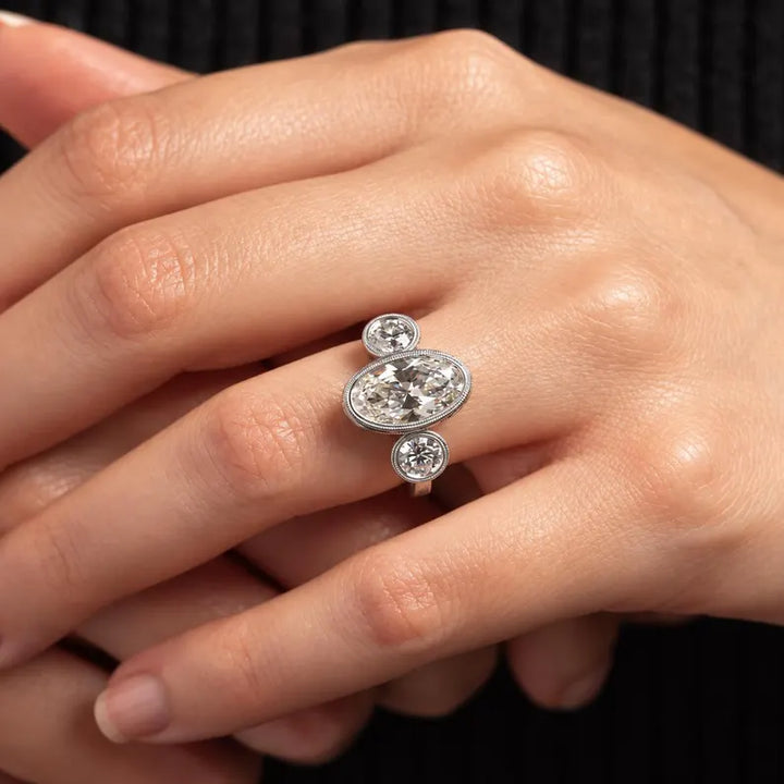 2.0CT to 3.0CT Oval Cut Lab Grown Diamond Vintage Milgrain Bezel Set Three Stone Engagement Ring