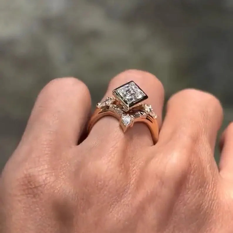 2.50CT Lozenge Cut Lab Grown Diamond Bezel Set Three Stone Bridal Ring Set with Chevron Wedding Band