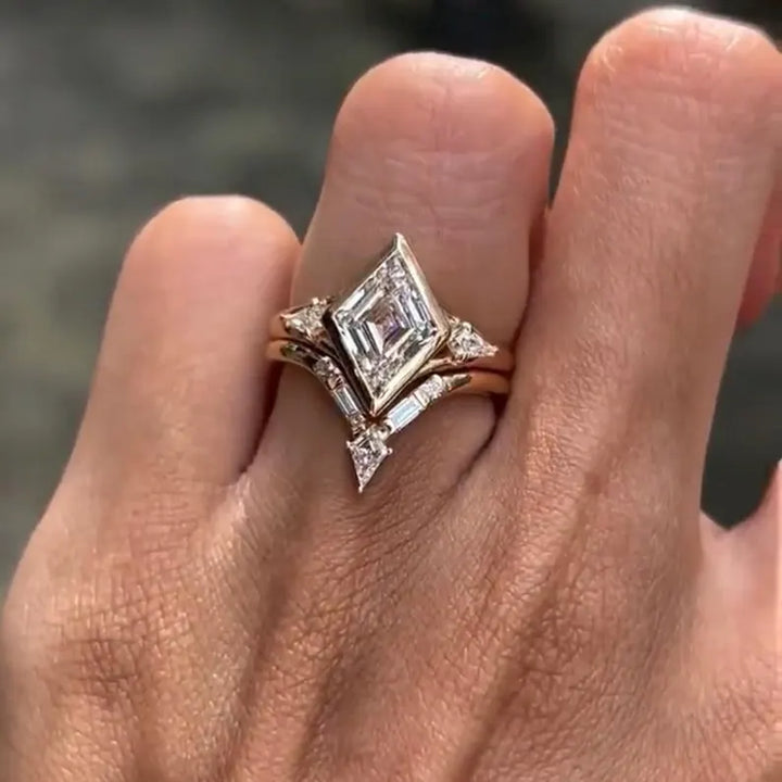 2.50CT Lozenge Cut Lab Grown Diamond Bezel Set Three Stone Bridal Ring Set with Chevron Wedding Band