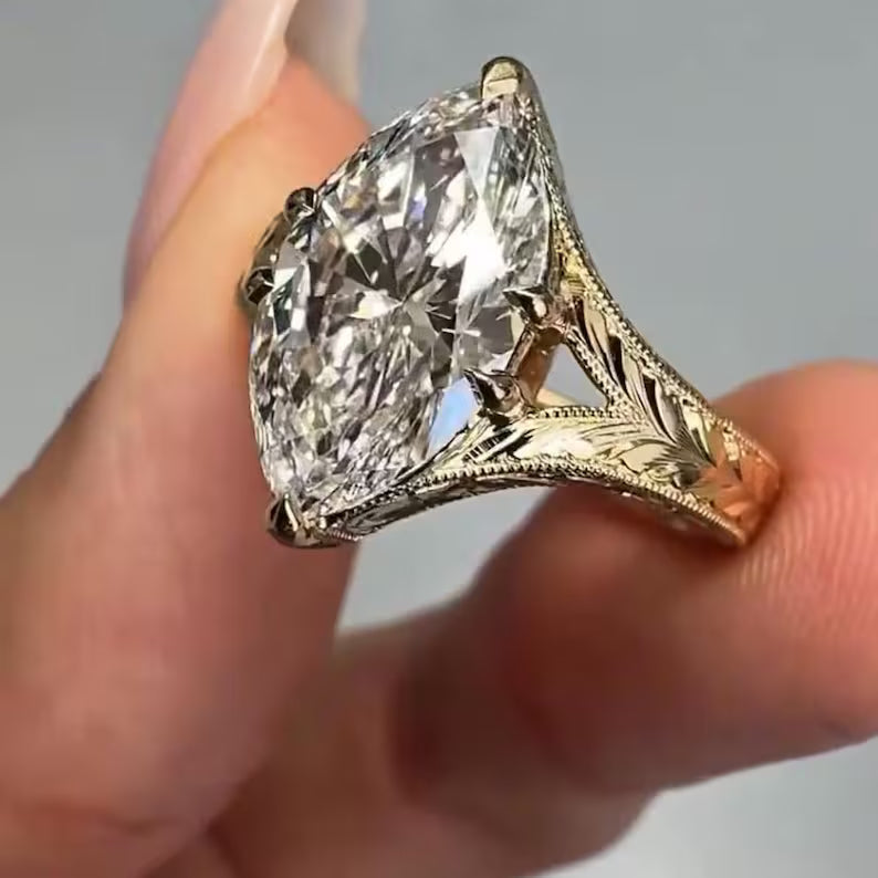 3.0CT Marquise Cut Lab Grown Diamond Antique Engraved Split Shank Engagement Ring