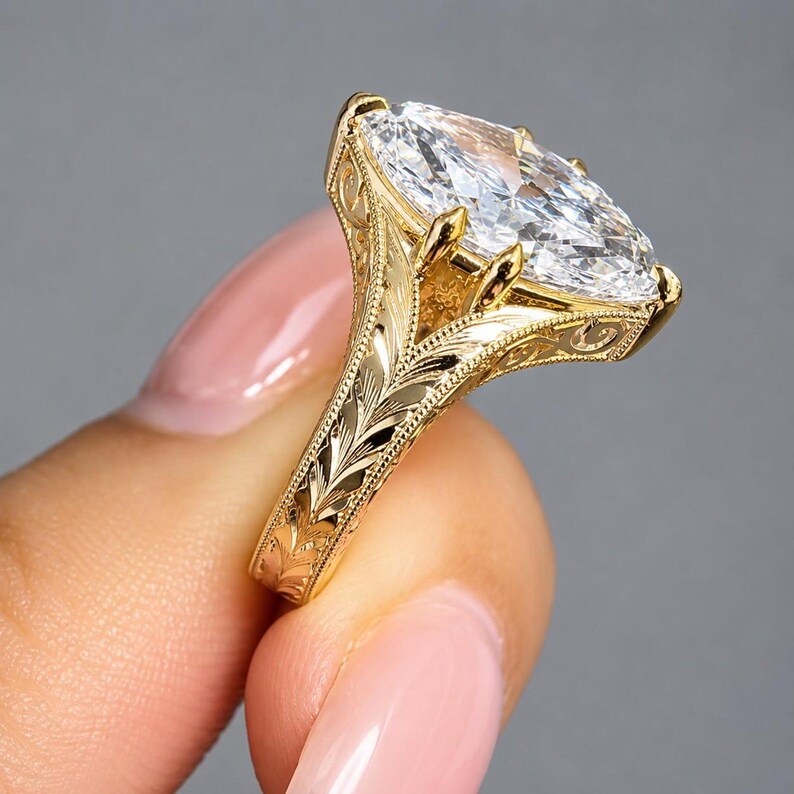 3.0CT Marquise Cut Lab Grown Diamond Antique Engraved Split Shank Engagement Ring