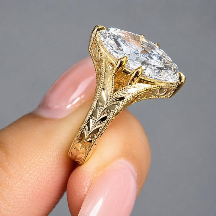 3.0CT Marquise Cut Lab Grown Diamond Antique Engraved Split Shank Engagement Ring