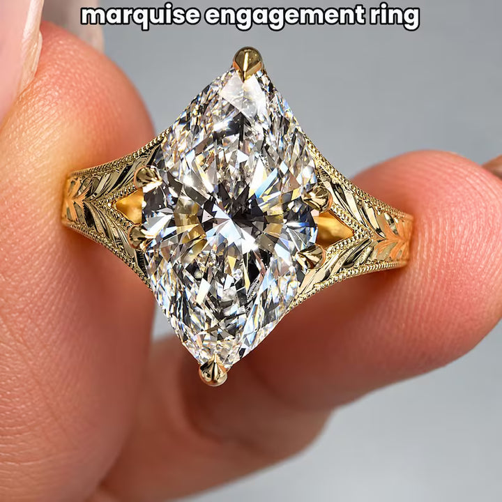 3.0CT Marquise Cut Lab Grown Diamond Antique Engraved Split Shank Engagement Ring
