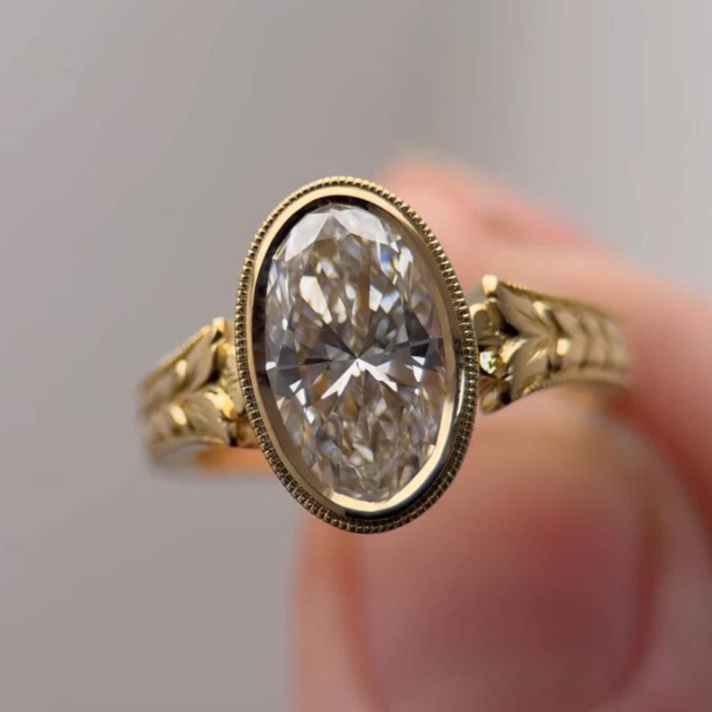 2.0CT to 3.0CT Oval Cut Lab Grown Diamond Vintage Bezel Set Milgrain Leaf Engraved Engagement Ring