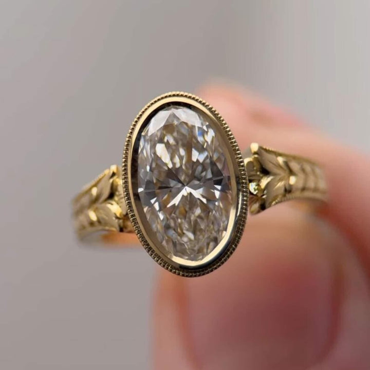 2.0CT to 3.0CT Oval Cut Lab Grown Diamond Vintage Bezel Set Milgrain Leaf Engraved Engagement Ring