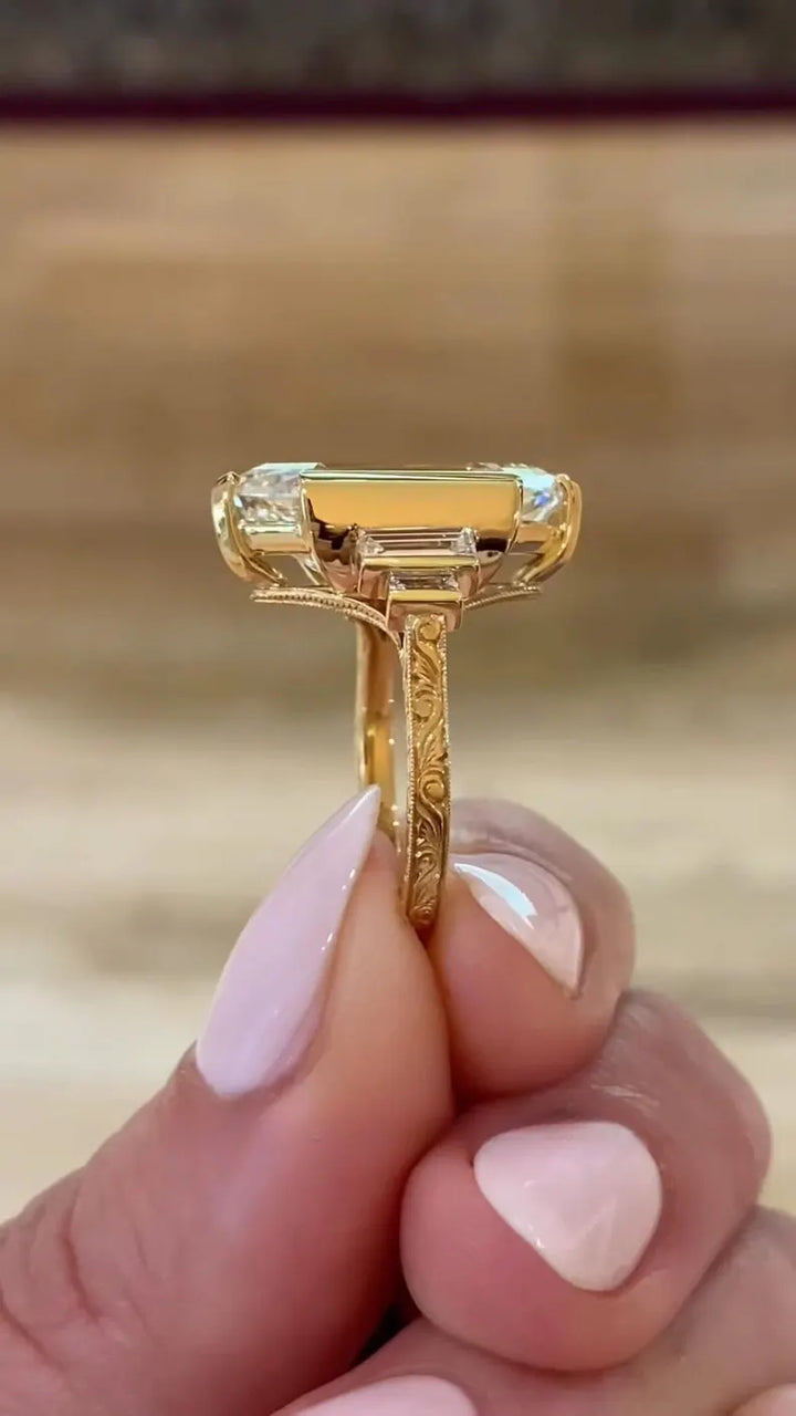 3.0CT to 5.0CT Dutch Marquise Cut Lab Grown Diamond Five Stone Art Deco Vintage Engraved Engagement Ring