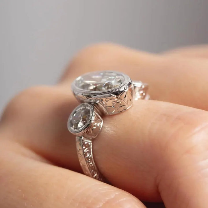 2.0CT to 3.0CT Oval Cut Lab Grown Diamond Vintage Milgrain Bezel Set Three Stone Engagement Ring