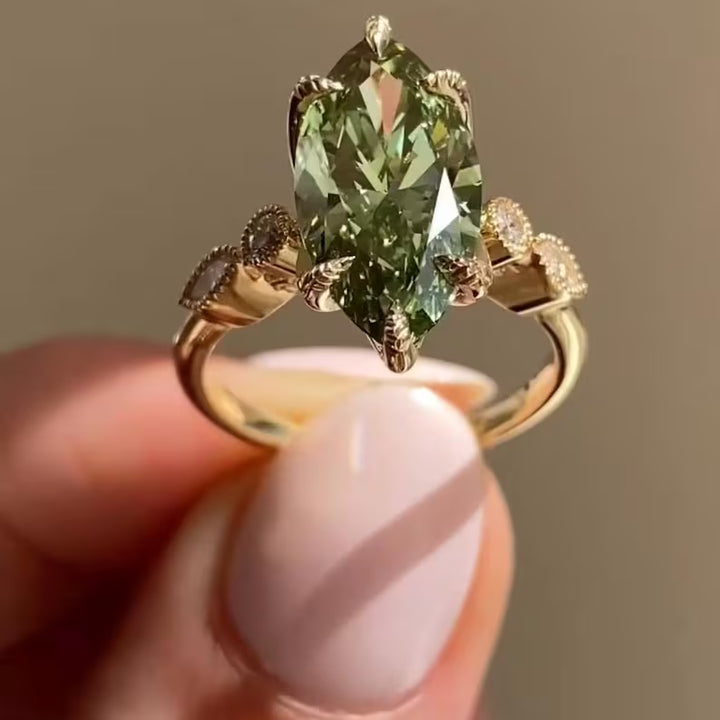 2.0CT to 3.0CT Marquise Cut Green Lab Grown Diamond Vintage-Inspired Milgrain Halo Engagement Ring
