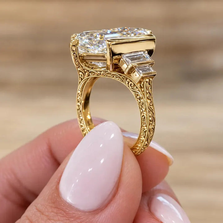 3.0CT to 5.0CT Dutch Marquise Cut Lab Grown Diamond Five Stone Art Deco Vintage Engraved Engagement Ring