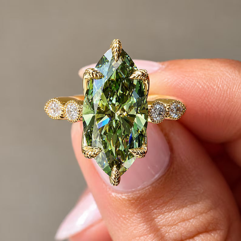 2.0CT to 3.0CT Marquise Cut Green Lab Grown Diamond Vintage-Inspired Milgrain Halo Engagement Ring
