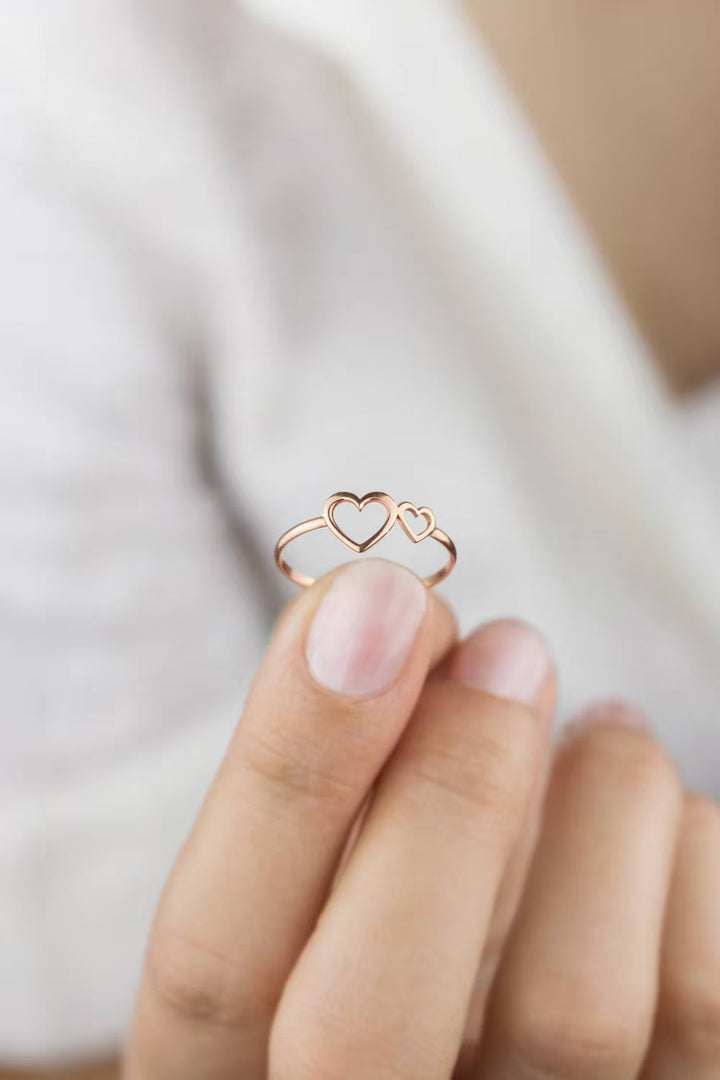 Two Hearts Frame Shape Plain 14K Gold Ring for Her