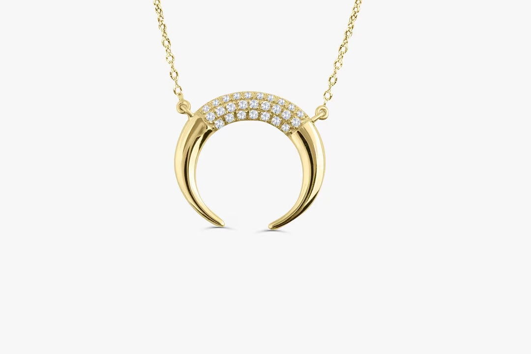 Round Cut Horn Moon Diamond Necklace 10K Gold Ring for Women