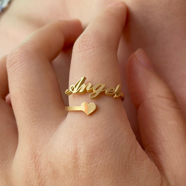 Personalized Gold Name 14k Solid Gold Ring with Heart