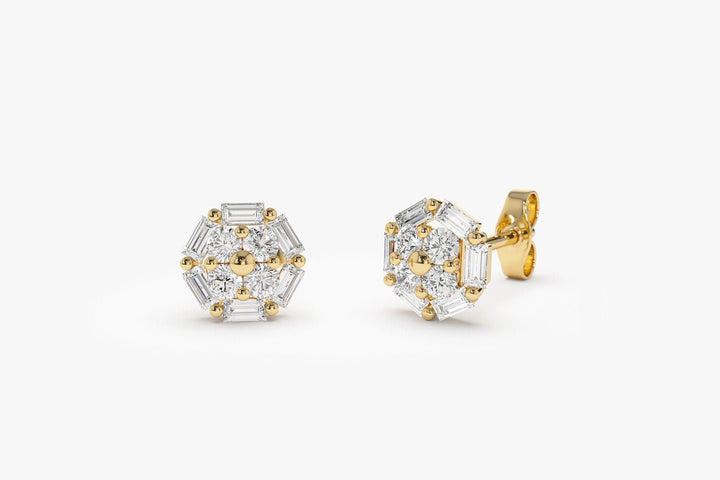 Baguette and Round Diamond Cluster Studs Earrings Gift for Wife