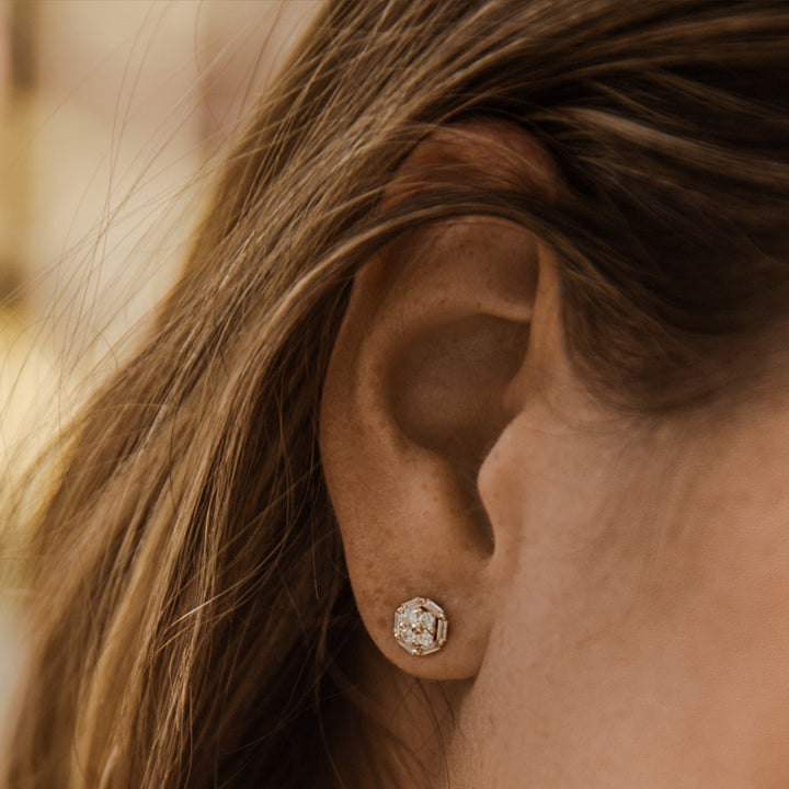 Baguette and Round Diamond Cluster Studs Earrings Gift for Wife