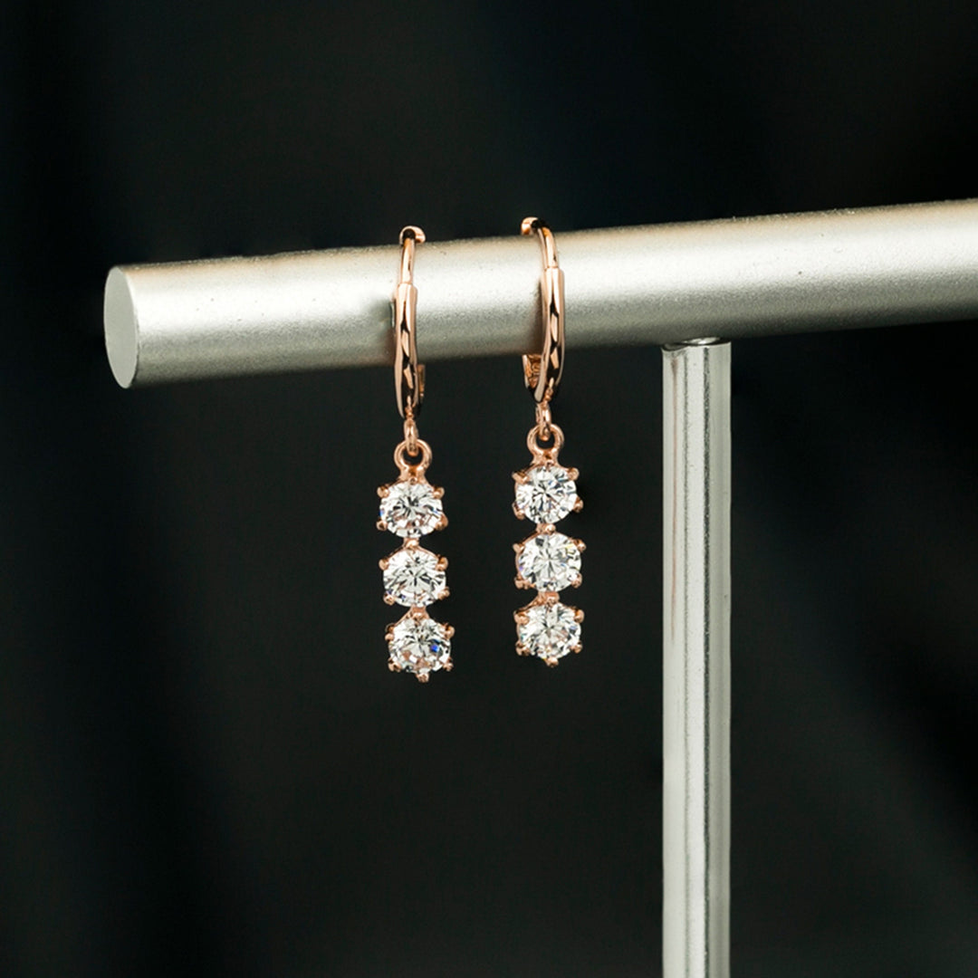 Round Cut Three Stone Diamond Dangle Earrings for Women