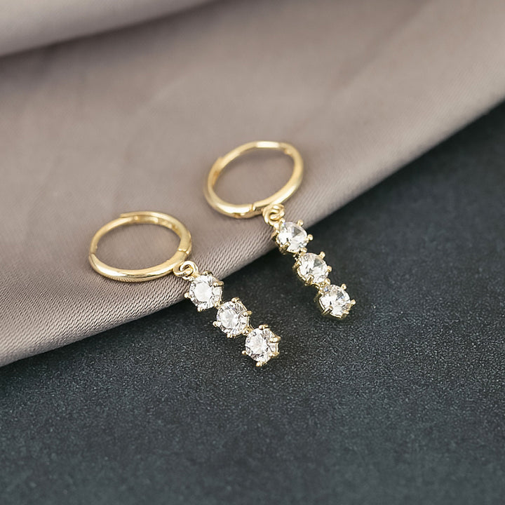 Round Cut Three Stone Diamond Dangle Earrings for Women