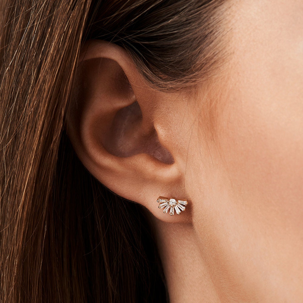 Tapered Baguette & Round Cut Diamond Unique Studs Earrings for Her