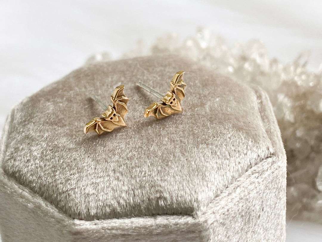 14K Solid Gold Bat Stud Earrings Gift for Halloween Gift