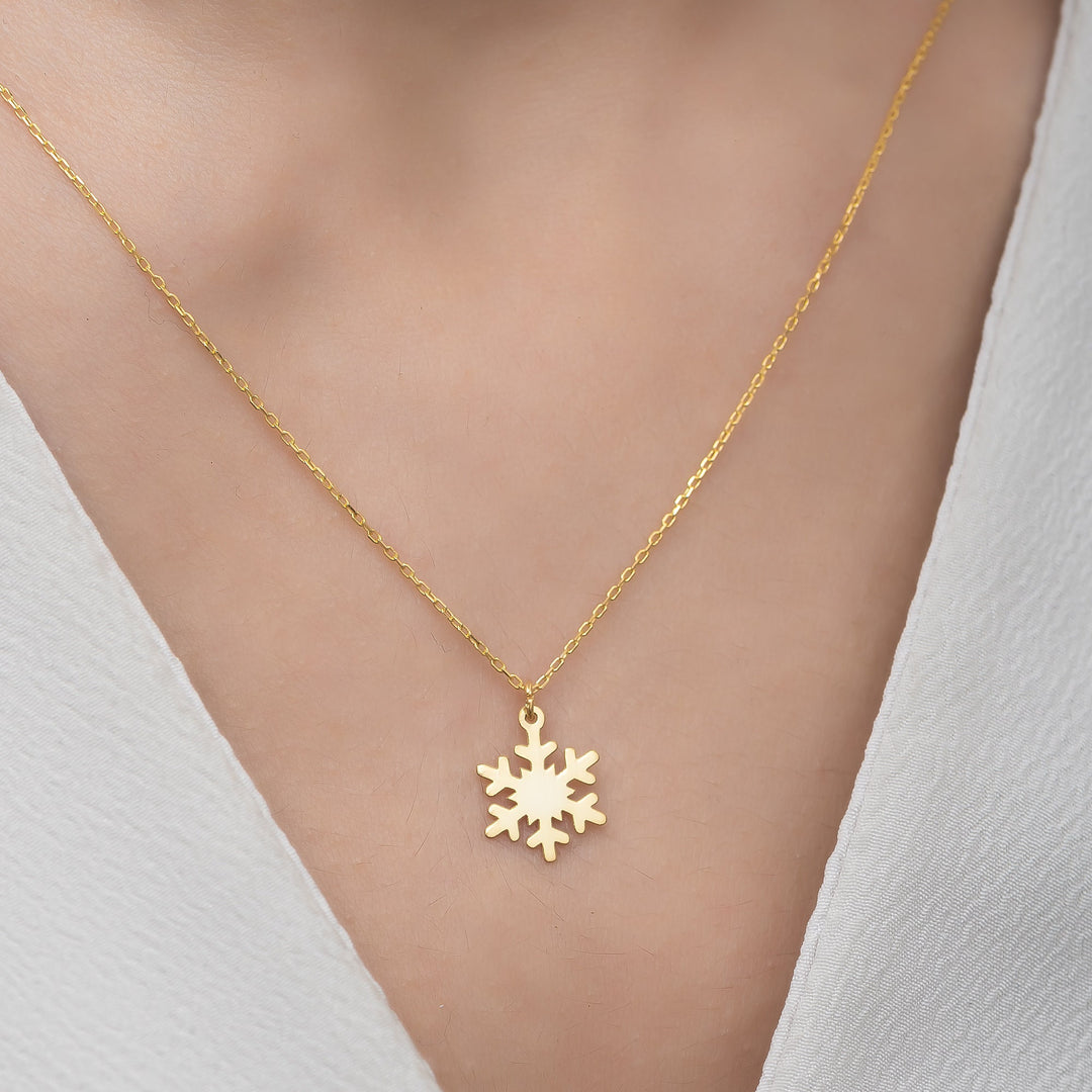 Snowflake Necklace 14k Solid Gold Pendant for Christmas Gift