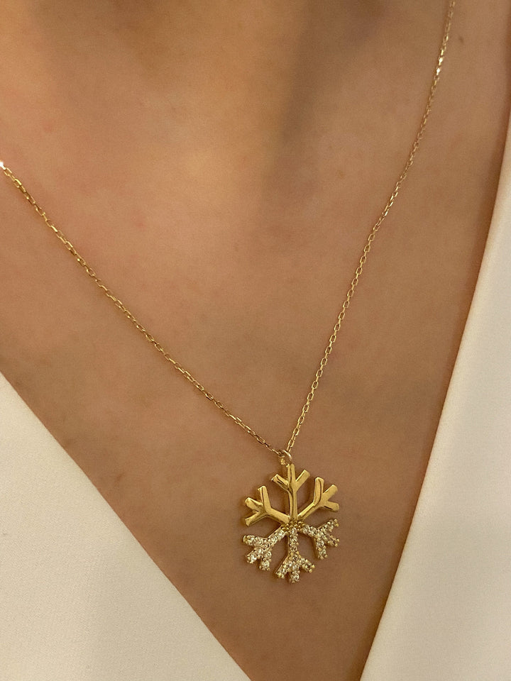 14K Solid Gold Snow Flake with Diamonds Necklace