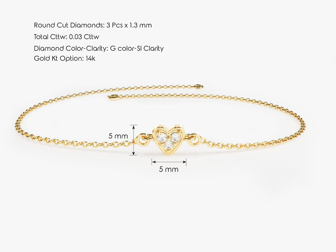 Round Cut Diamond Tiny Heart Bracelet for Valentine Gift