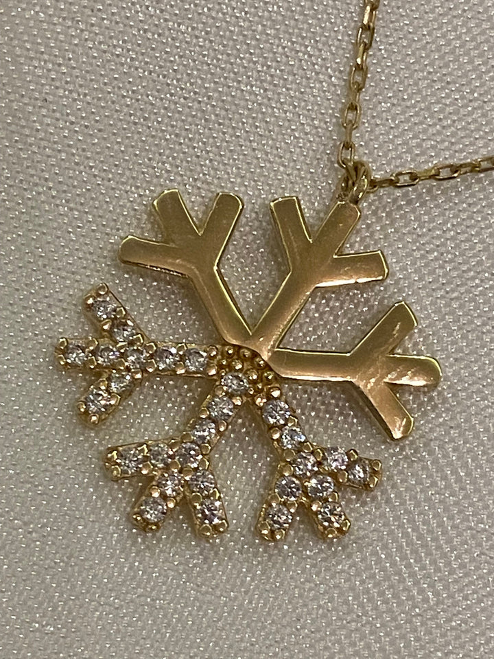 14K Solid Gold Snow Flake with Diamonds Necklace