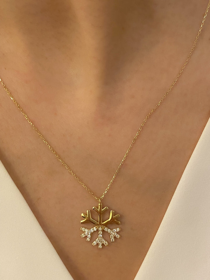 14K Solid Gold Snow Flake with Diamonds Necklace