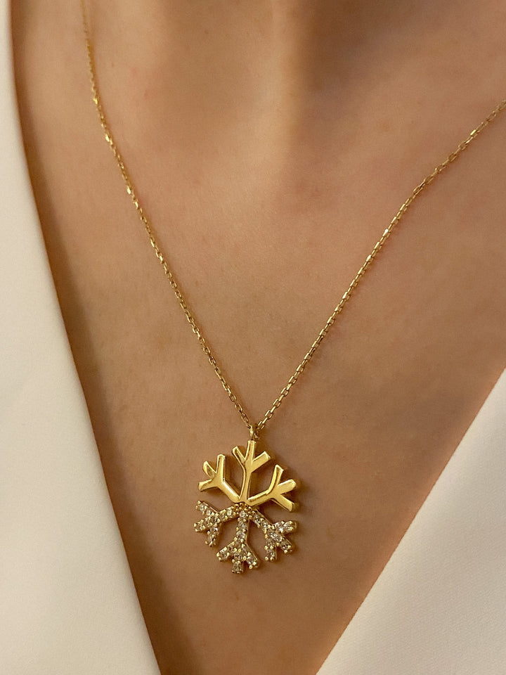 14K Solid Gold Snow Flake with Diamonds Necklace