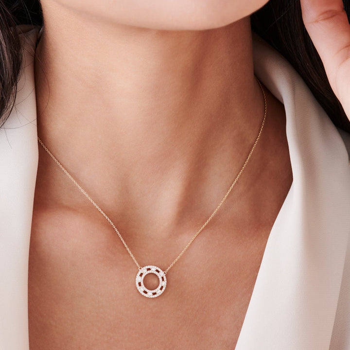 Baguette & Round Cut Diamond Circle Pendant Necklace for Her