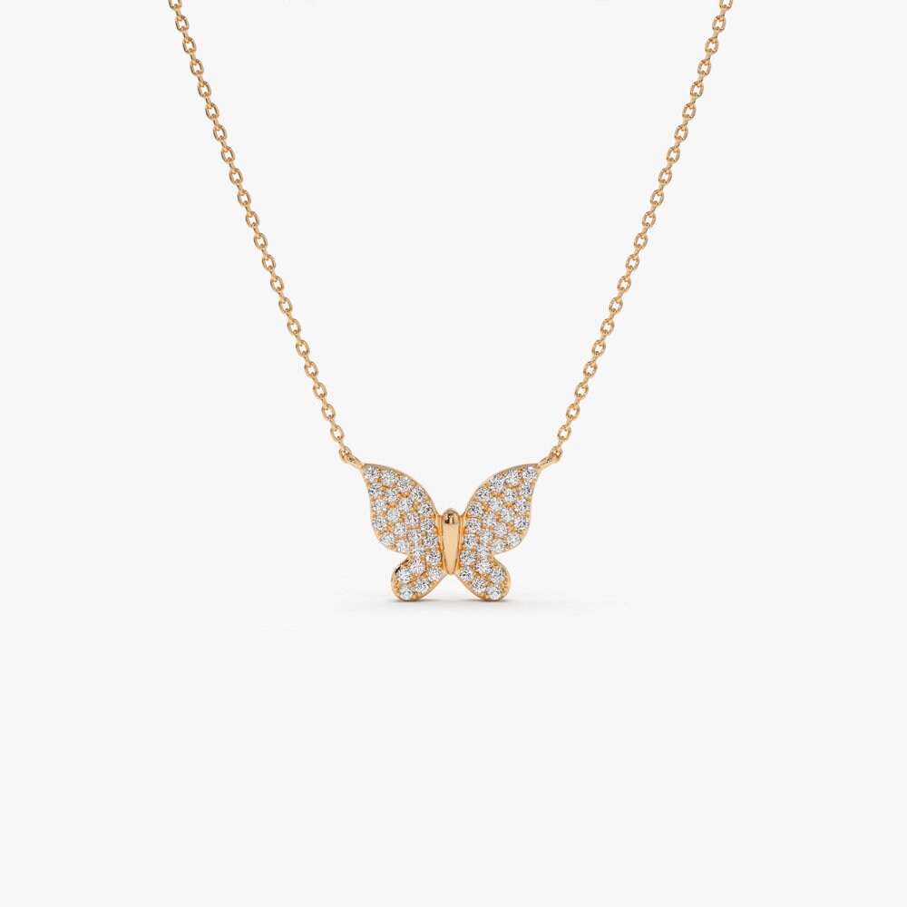 Round Moissanite Diamond Butterfly Necklace in 14k Gold