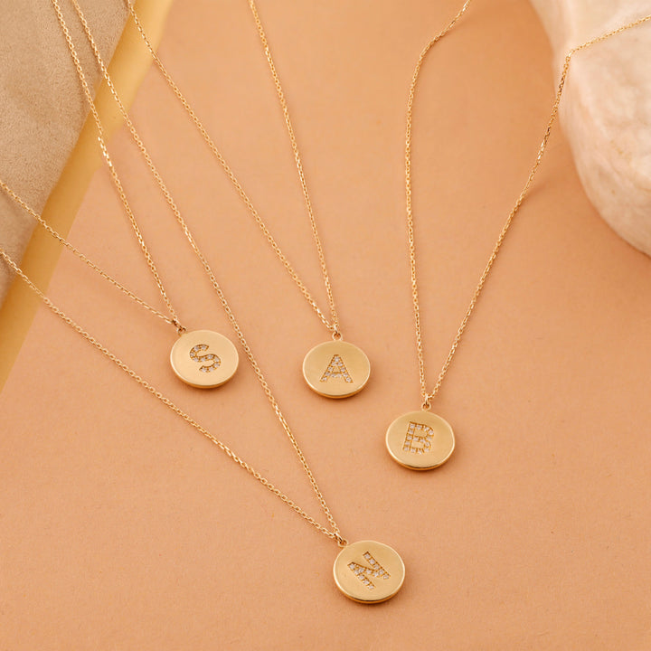 Coin Charm Diamond Latter Necklace in Matte Gold