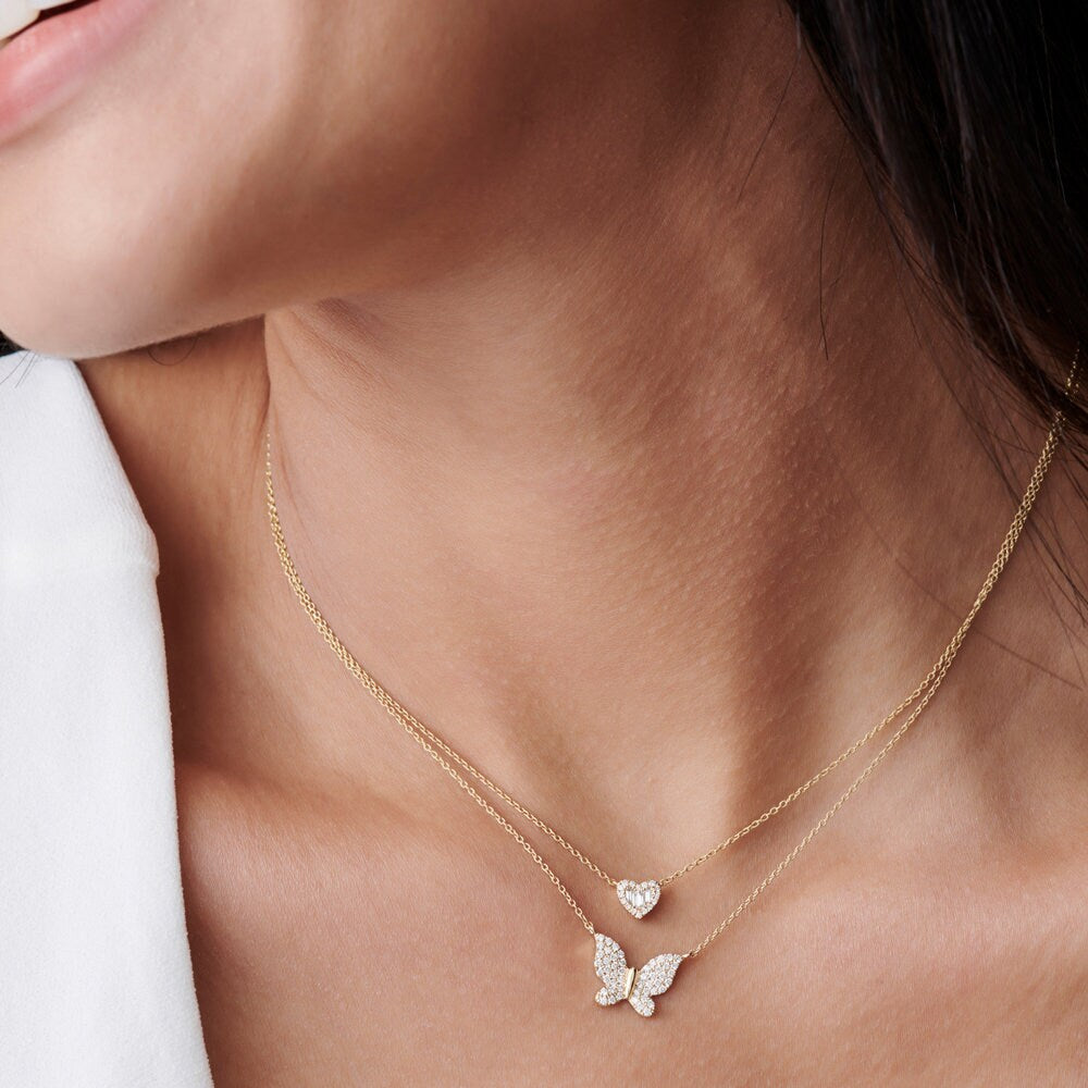 Round Moissanite Diamond Butterfly Necklace in 14k Gold