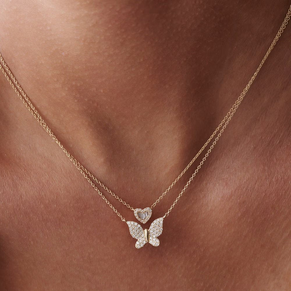 Round Moissanite Diamond Butterfly Necklace in 14k Gold