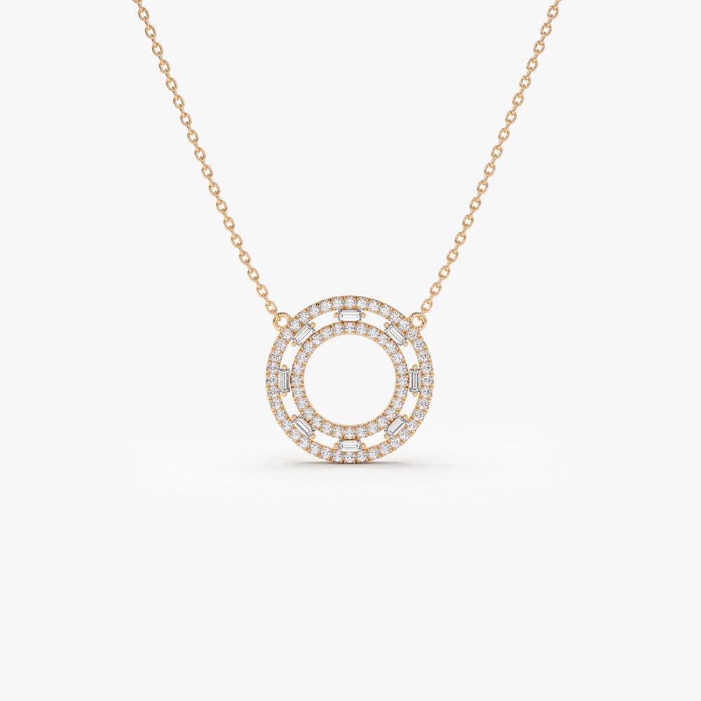 Baguette & Round Cut Diamond Circle Pendant Necklace for Her