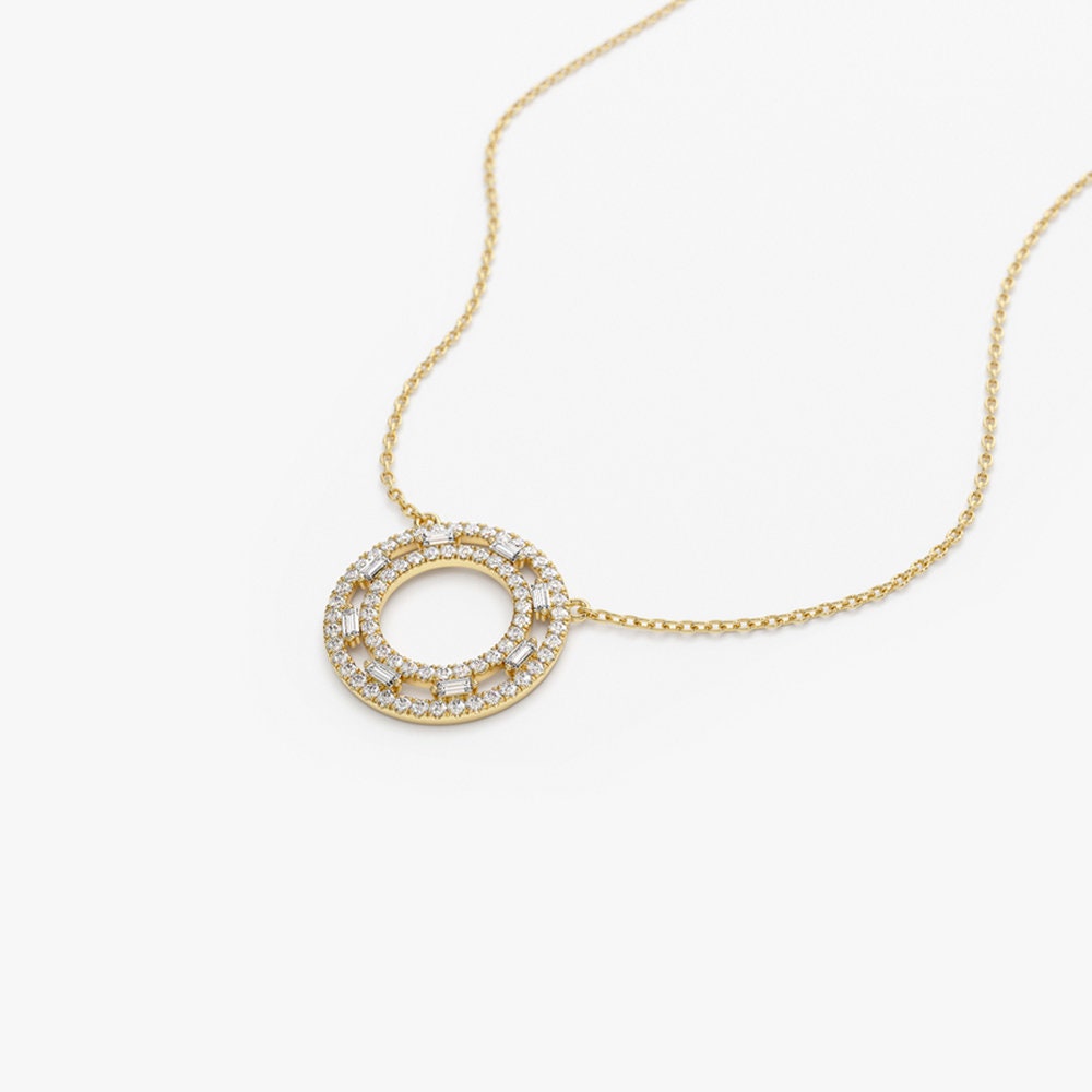 Baguette & Round Cut Diamond Circle Pendant Necklace for Her