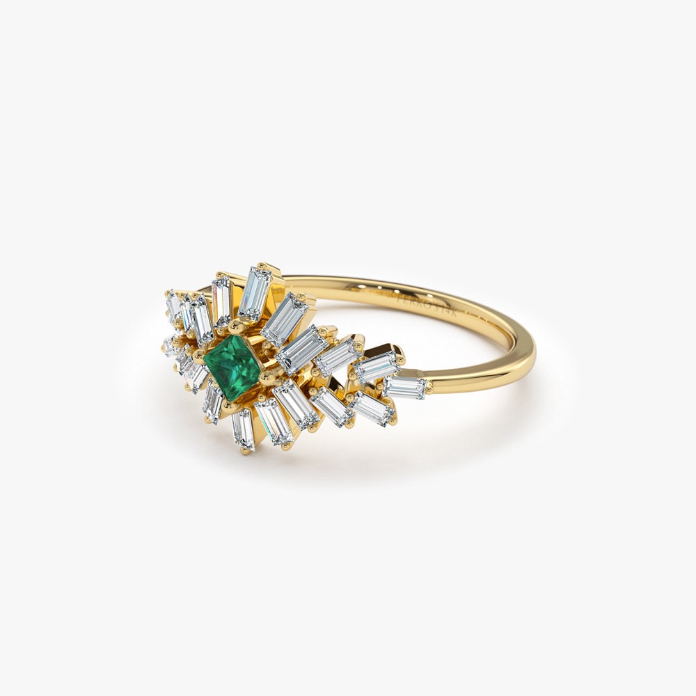 Green Princess & Baguette Cut Diamond Cluster Ring for Women