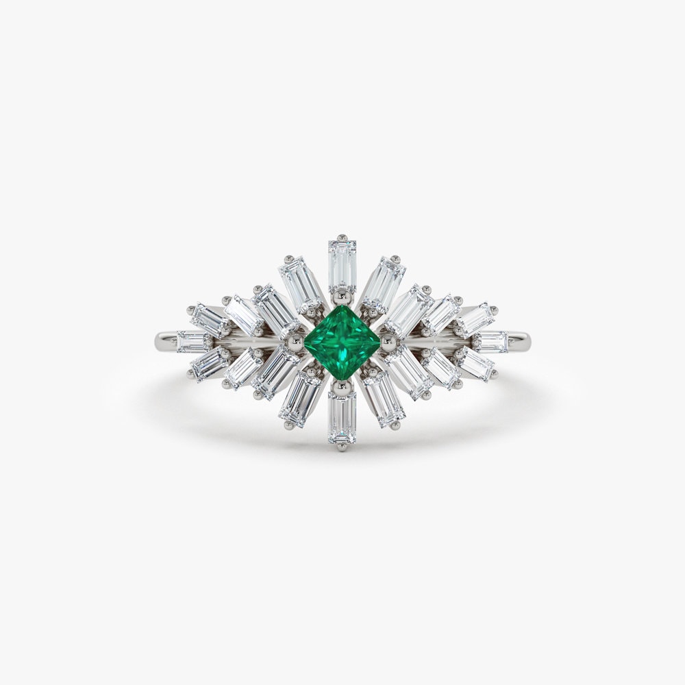 Green Princess & Baguette Cut Diamond Cluster Ring for Women