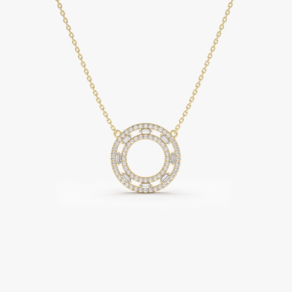 Baguette & Round Cut Diamond Circle Pendant Necklace for Her